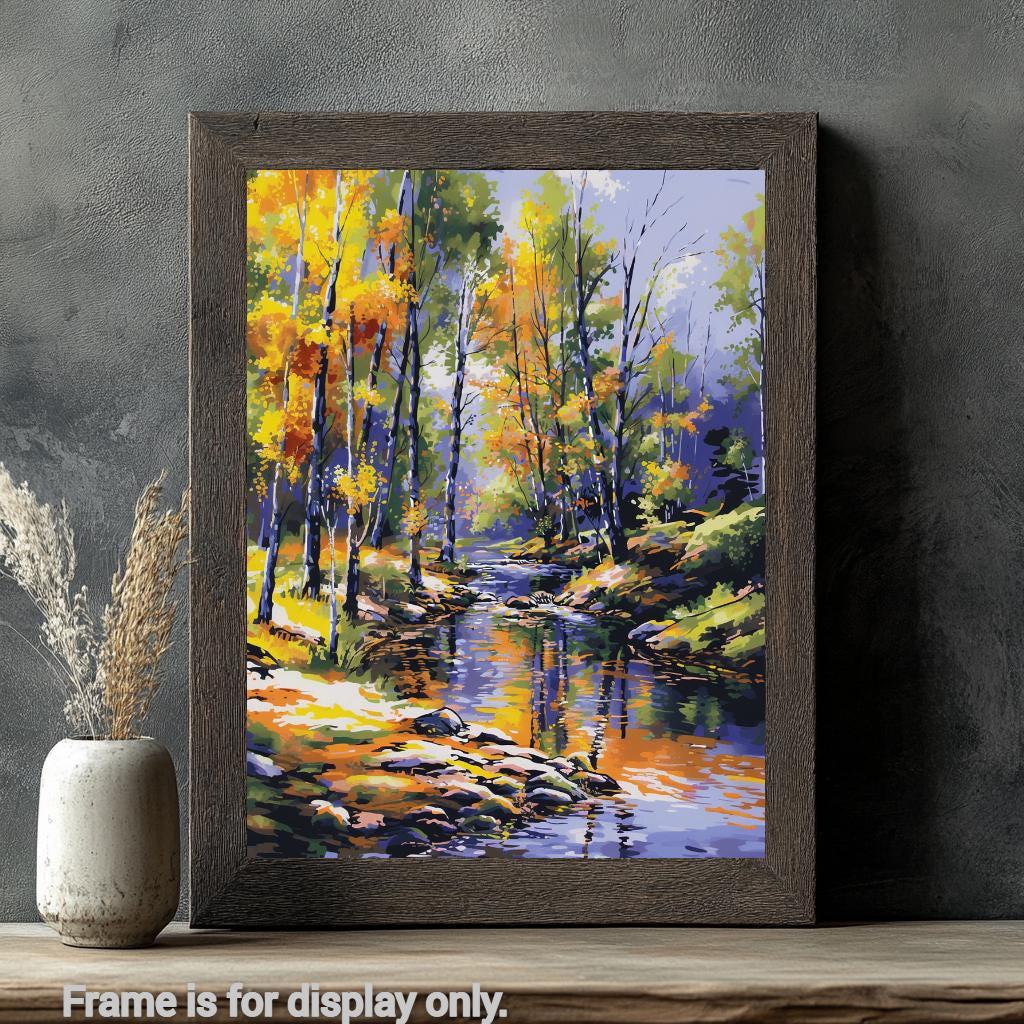 a painting of a stream in the woods