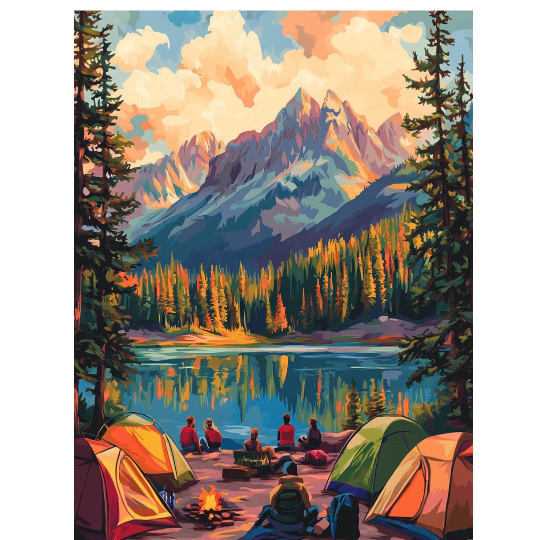 a painting of a camp site with a lake and mountains in the background