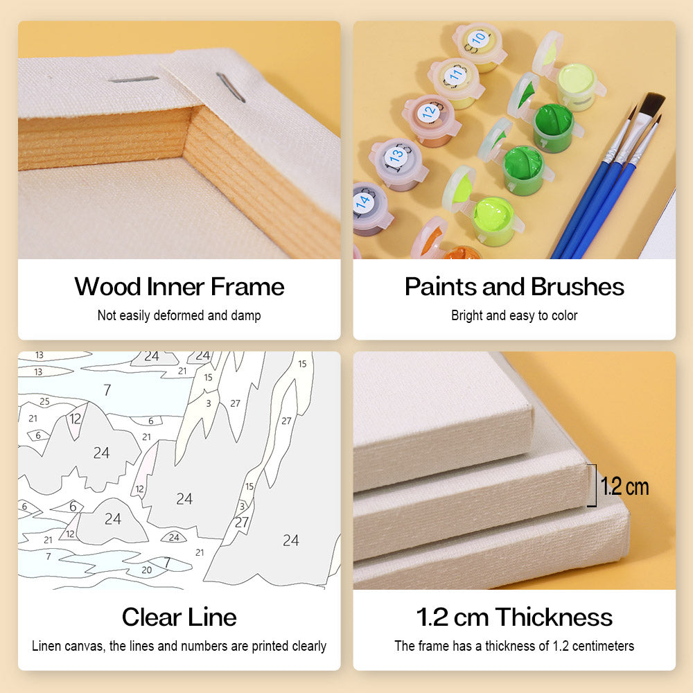 The image is a collage of four different pictures, each depicting a different aspect of painting and framing. The first image shows a wooden inner frame, the second image displays paints and brushes, the third image features a clear line canvas, and the fourth image shows a 1.2 cm thickness of the frame.