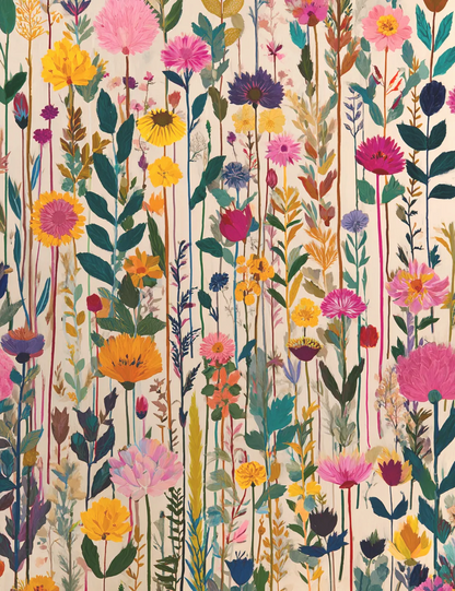The image is a vibrant and colorful collage of various flowers and plants, including sunflowers, daisies, and other blooms in a variety of bright colors such as yellow, pink, orange, and purple.