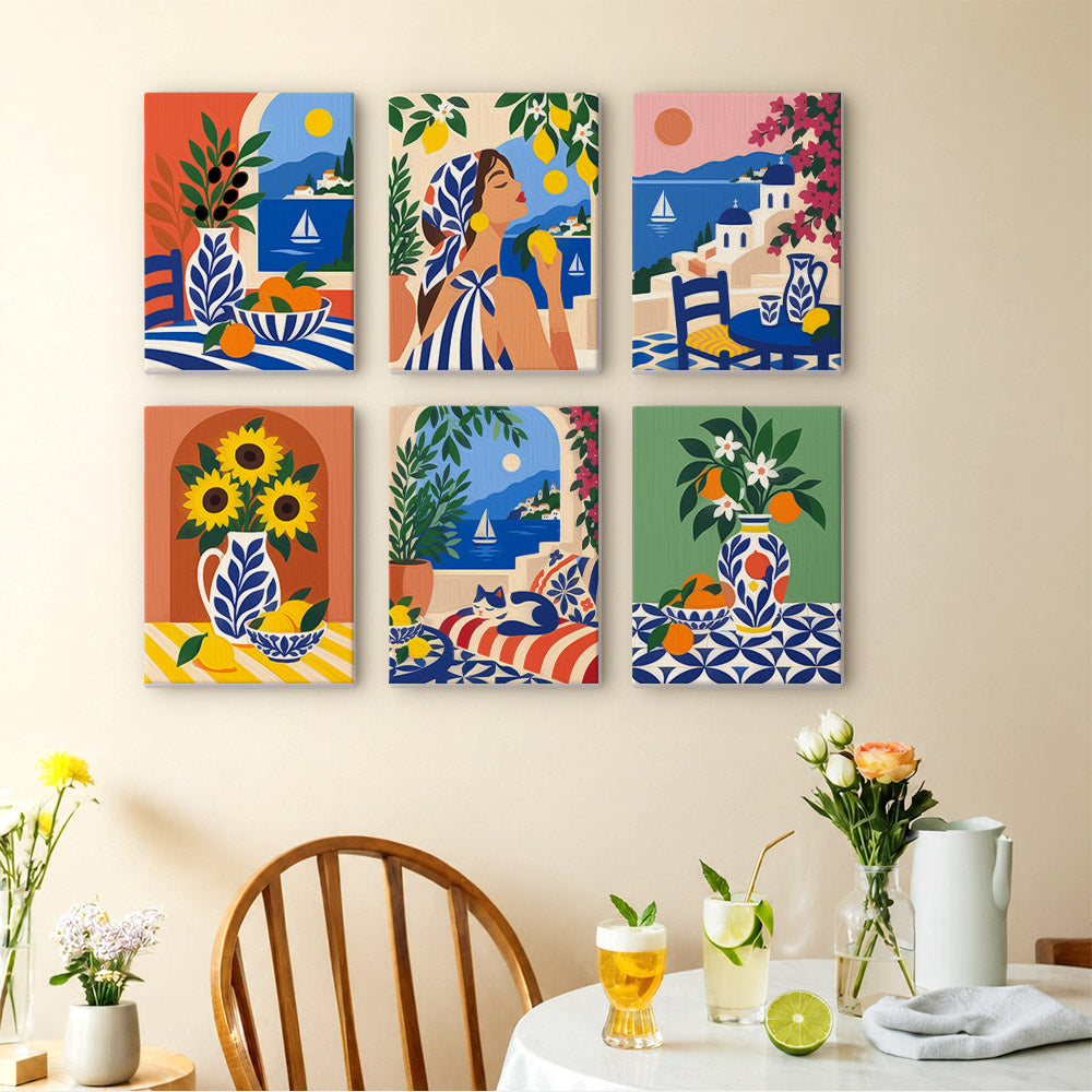 a wall adorned with six vibrant, colorful paintings depicting various scenes, including a woman, flowers, and landscapes. The paintings are arranged in a grid pattern, creating a visually appealing display. In the foreground, there is a table set with drinks and flowers, adding a touch of elegance to the scene.