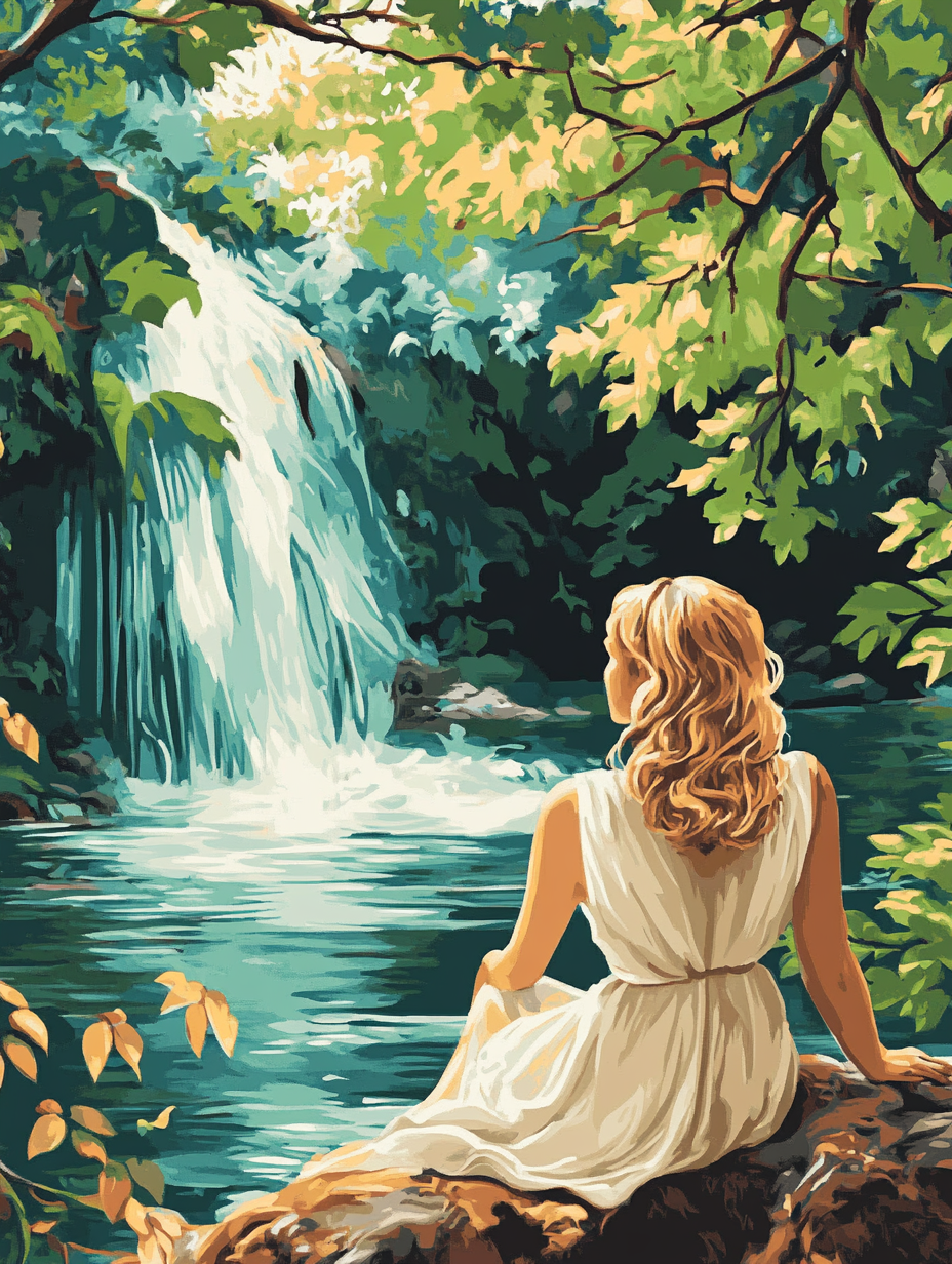 A woman in a white dress sits on a rock, gazing at a waterfall surrounded by lush greenery.