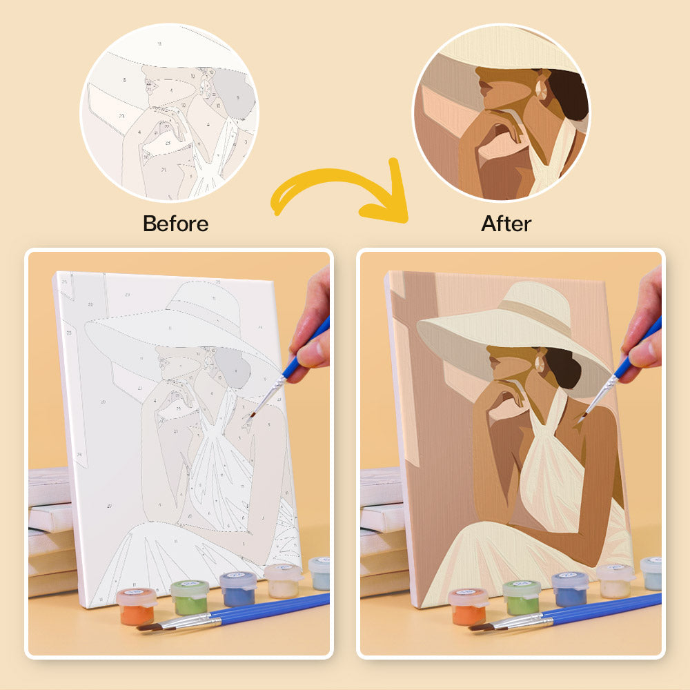 The image is a before and after comparison of a painting of a woman in a hat. The before image is a sketch, while the after image is a completed painting.