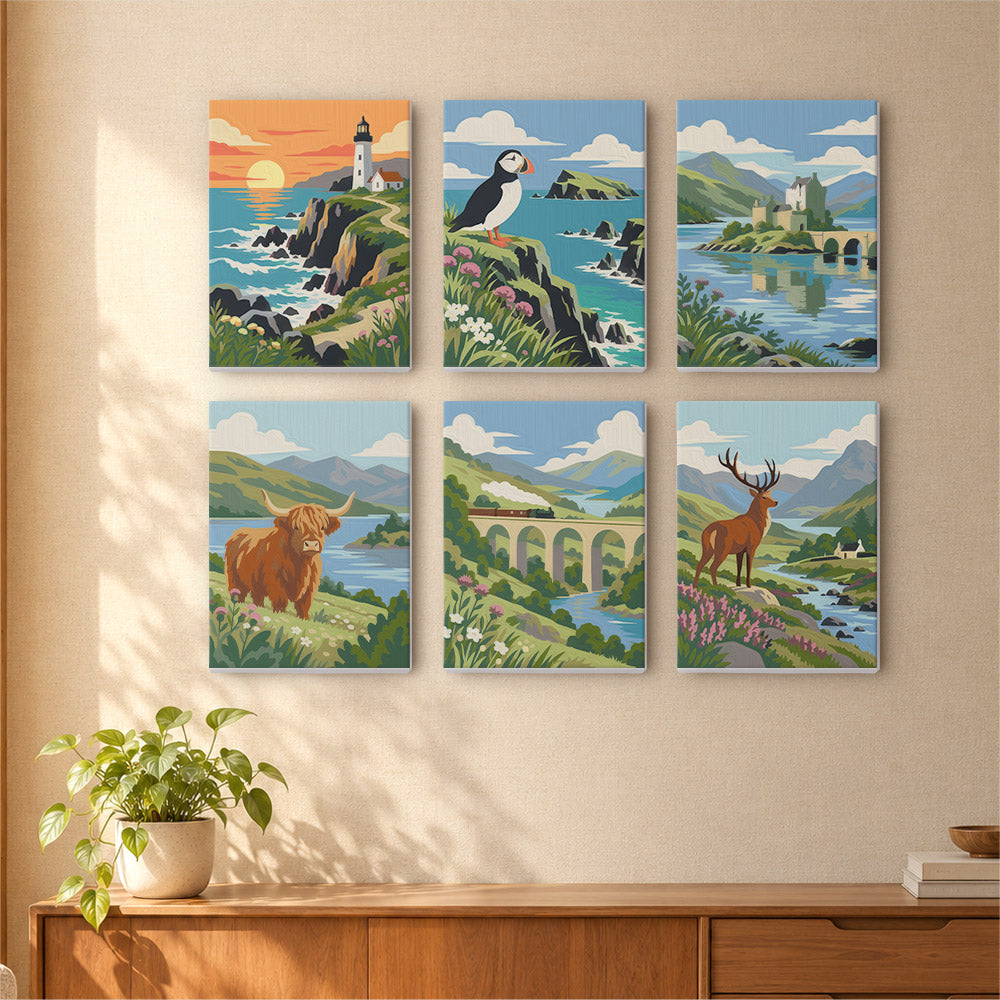 The image is a collage of six paintings depicting various landscapes, including a lighthouse, a puffin, a castle, a cow, a bridge, and a deer.