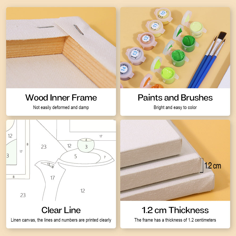 The image is a collage of four photos, each depicting different aspects of painting and framing. The first photo shows a wooden inner frame, the second photo displays paints and brushes, the third photo features a clear line canvas, and the fourth photo shows the dimensions of the frame.