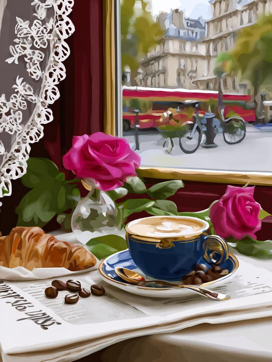 A cozy breakfast scene with a cup of coffee, croissants, and a vase of pink roses, all set against the backdrop of a city street and a red bus.