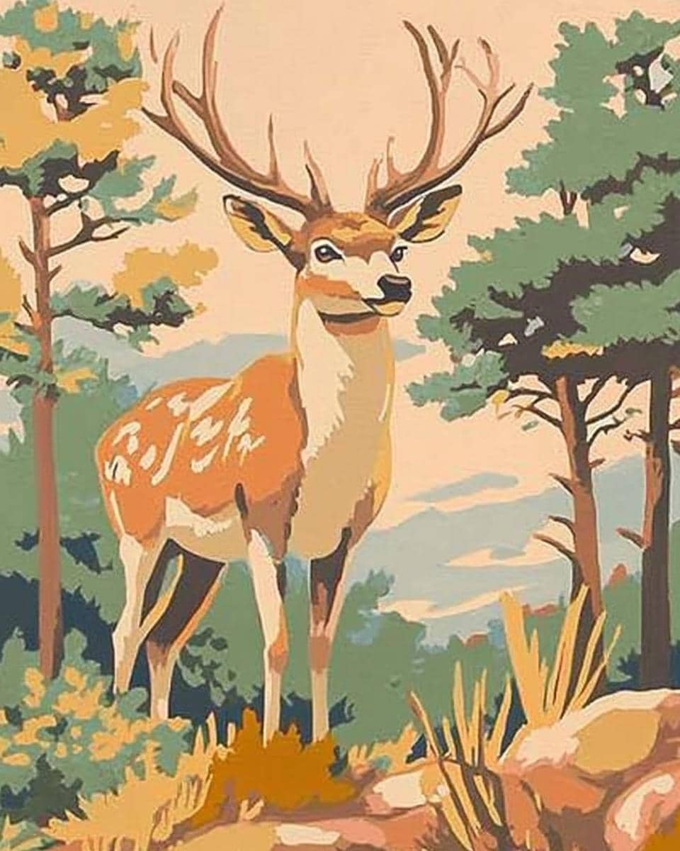 a painting of a deer standing in a forest