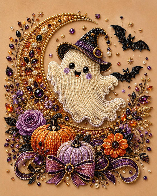 A detailed embroidered image depicting a ghost wearing a witch's hat, surrounded by various Halloween-themed elements such as pumpkins, flowers, and bats.