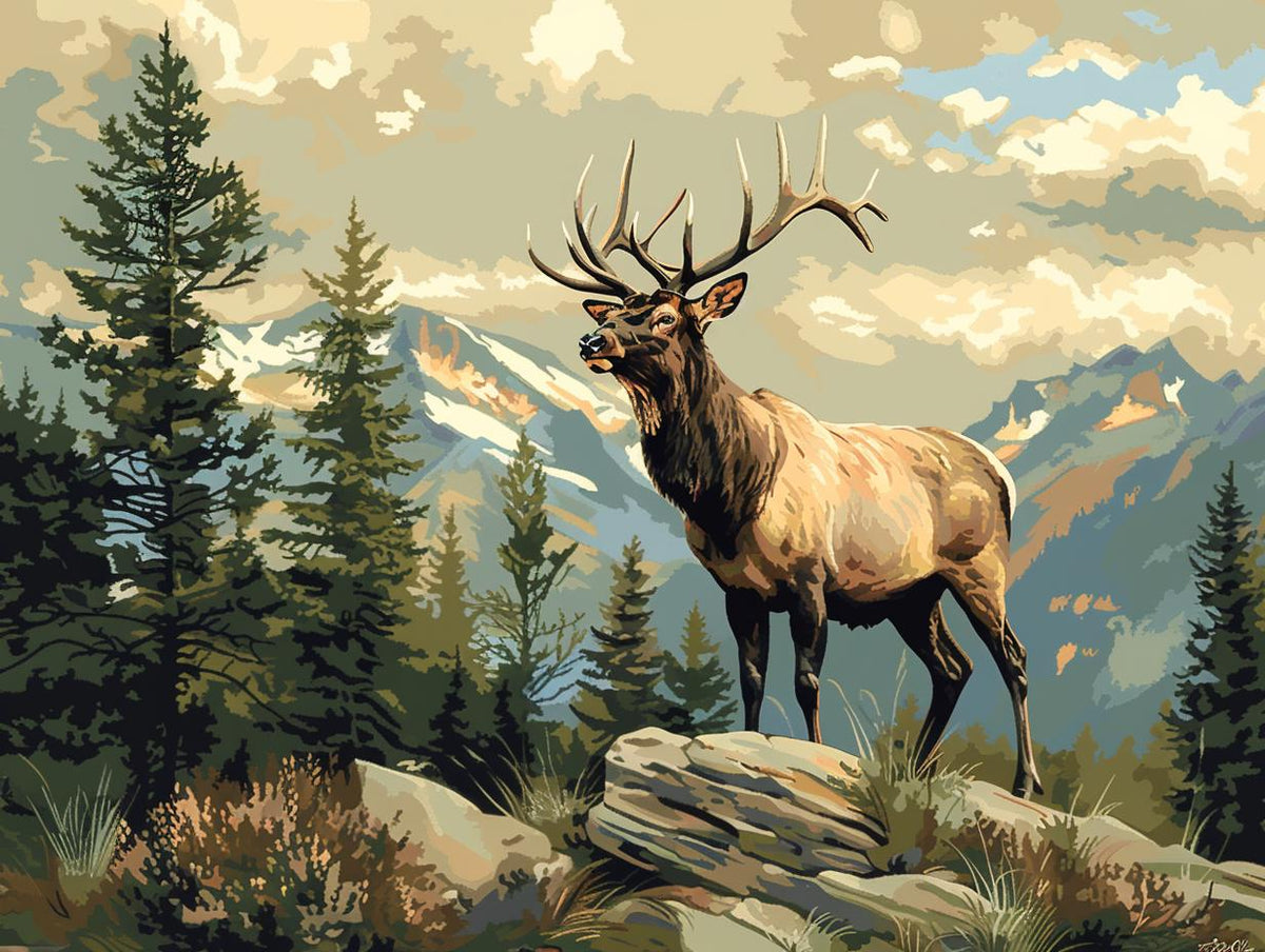 a painting of an elk in the mountains