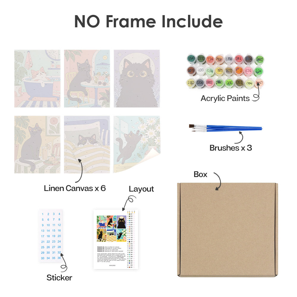 various art supplies and materials, including a "NO Frame Include" sign, acrylic paints, brushes, a box, and a sticker.