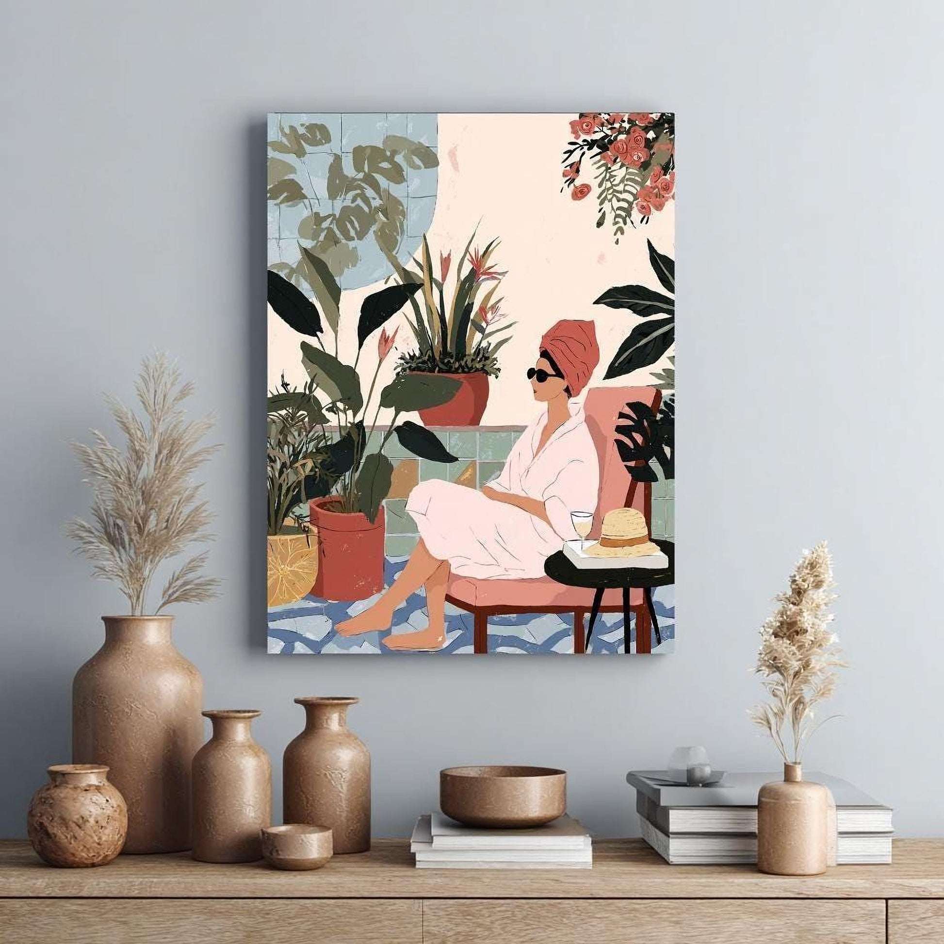 a woman sitting in a chair, surrounded by potted plants and flowers, with a vase of flowers on a table in front of her.