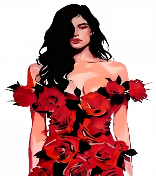 A woman with long dark hair wearing a red dress with red flowers on it.