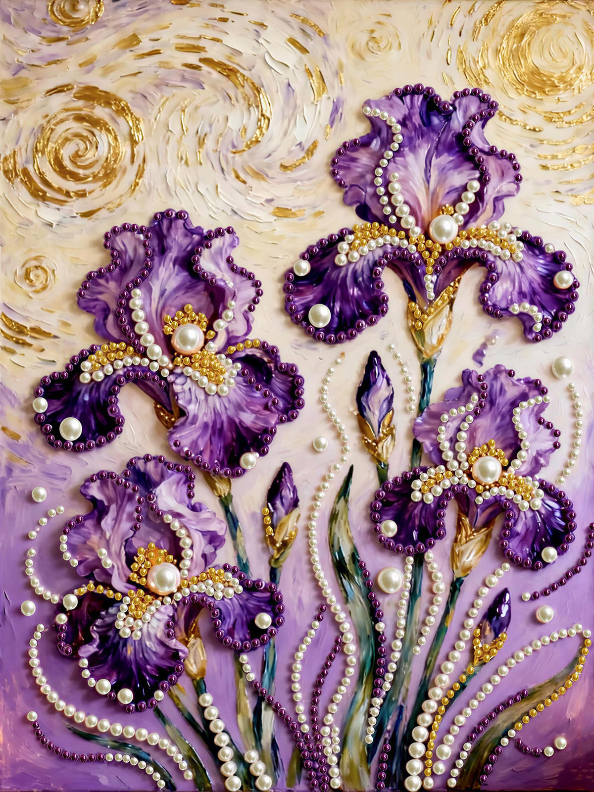 The image is a vibrant and intricate painting featuring a bouquet of purple irises adorned with pearls and beads, set against a backdrop of swirling gold and purple hues.