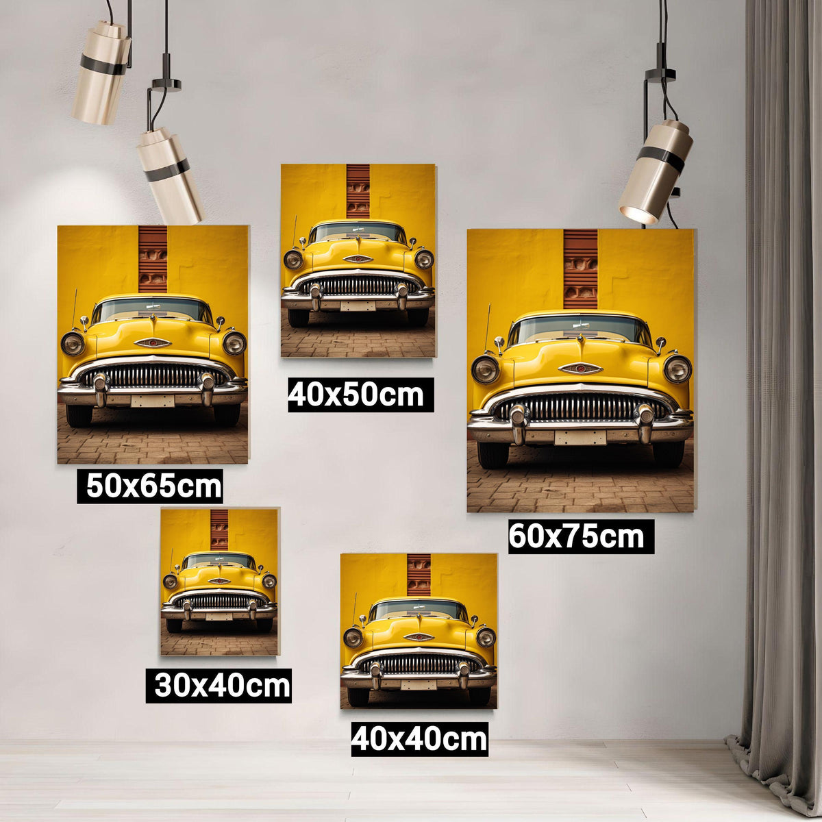 a set of four pictures of a yellow car hanging on a wall