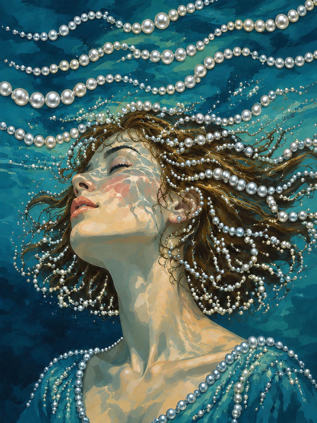 a woman with flowing hair and a pearl necklace, her eyes closed as if she is floating underwater.