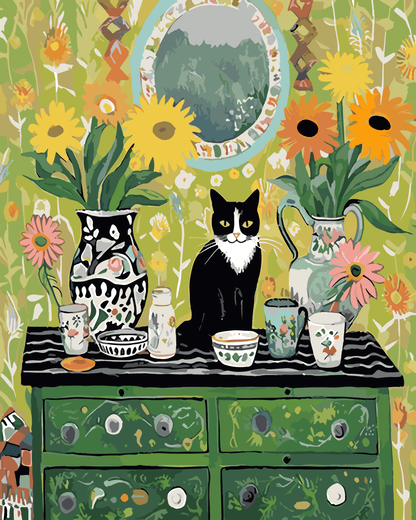 A black and white cat sits on a table surrounded by colorful vases, cups, and bowls, with a mirror and flowers in the background.