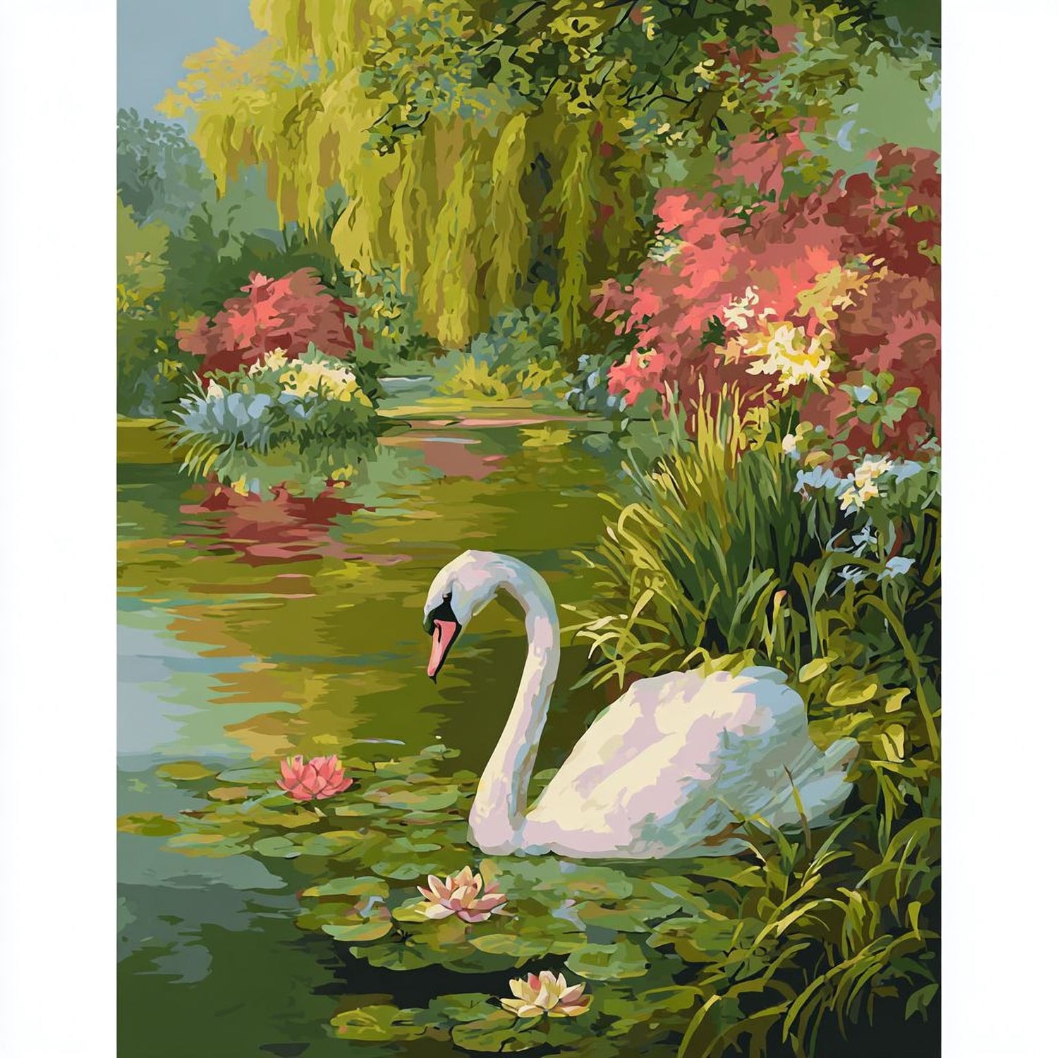 A white swan gracefully swimming in a pond, surrounded by vibrant flowers and lush greenery.