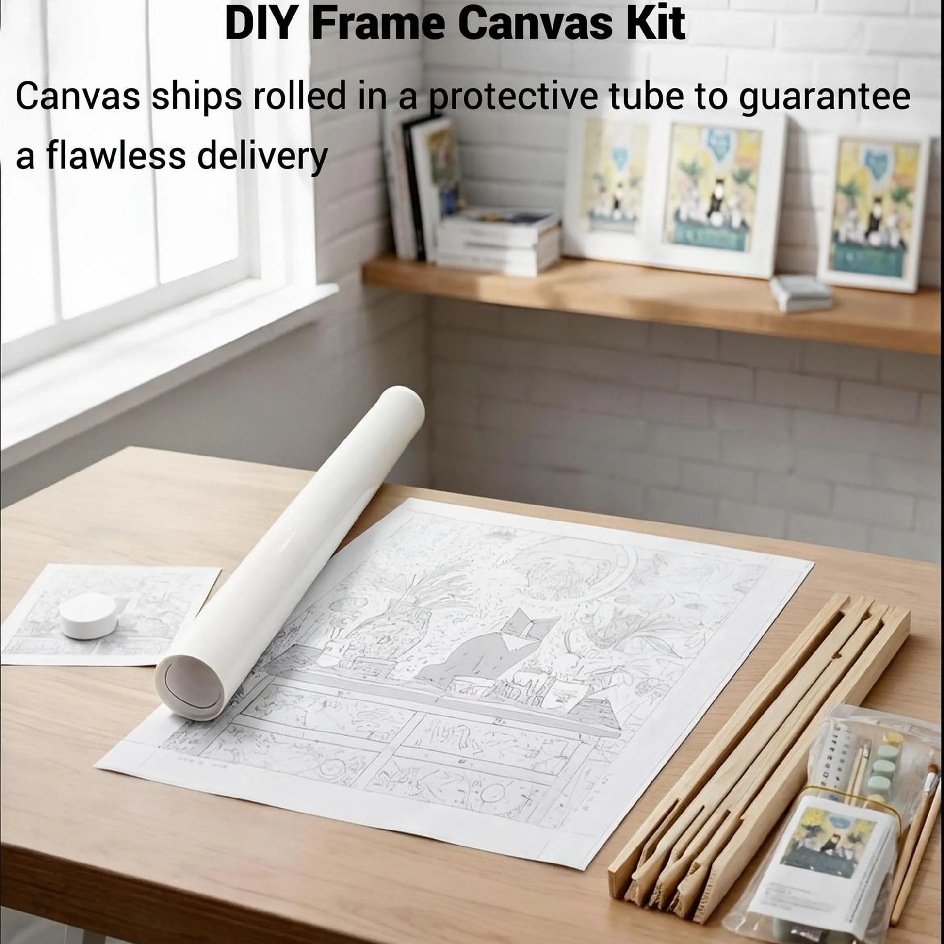 a DIY Frame Canvas Kit with a roll of paper and various art supplies, including pencils and paintbrushes, arranged on a wooden desk.