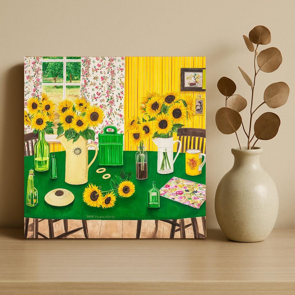 The image is a painting depicting a table with various objects, including vases, cups, and a potted plant, all arranged in a harmonious and visually appealing manner.