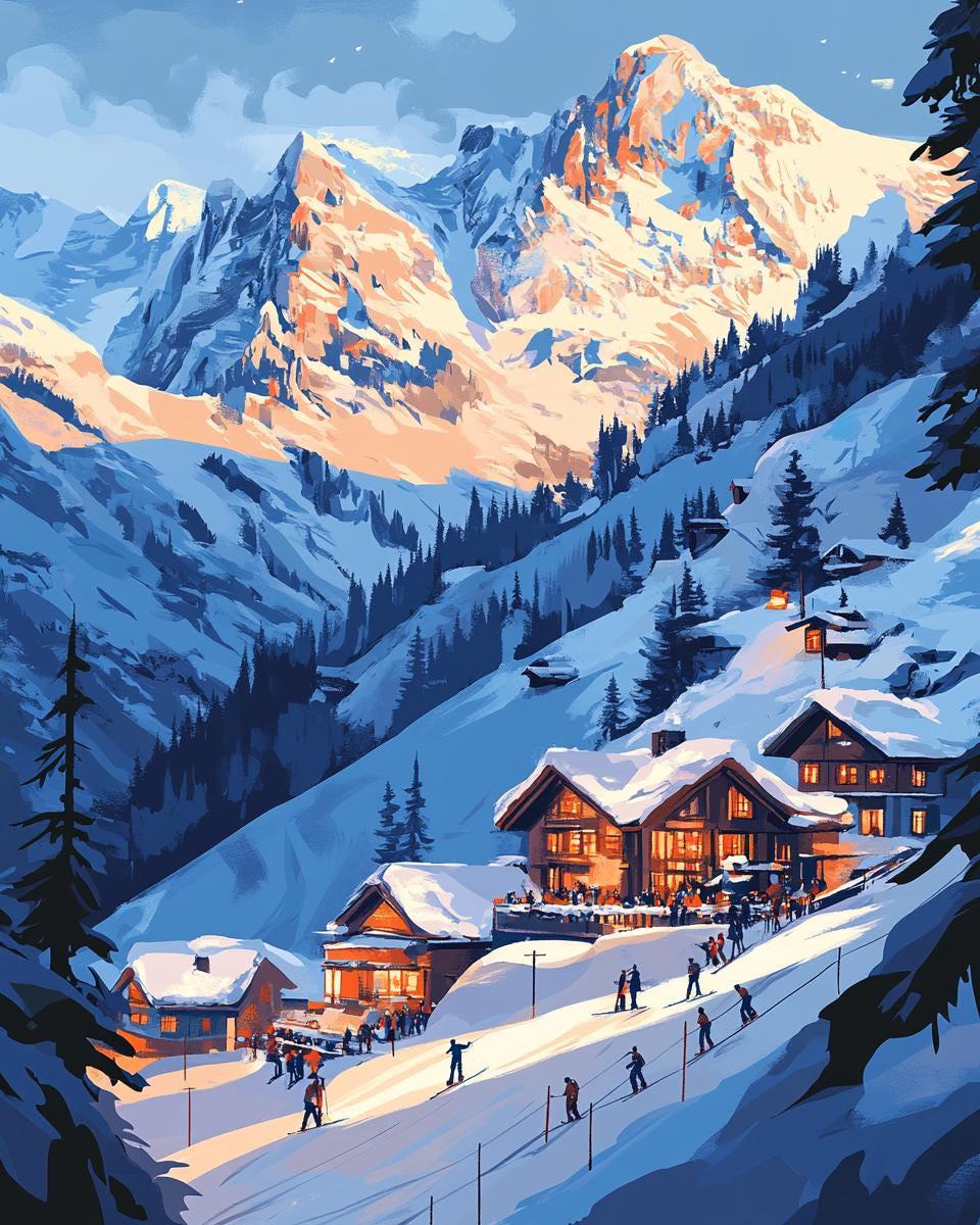 a painting of a ski resort in the mountains