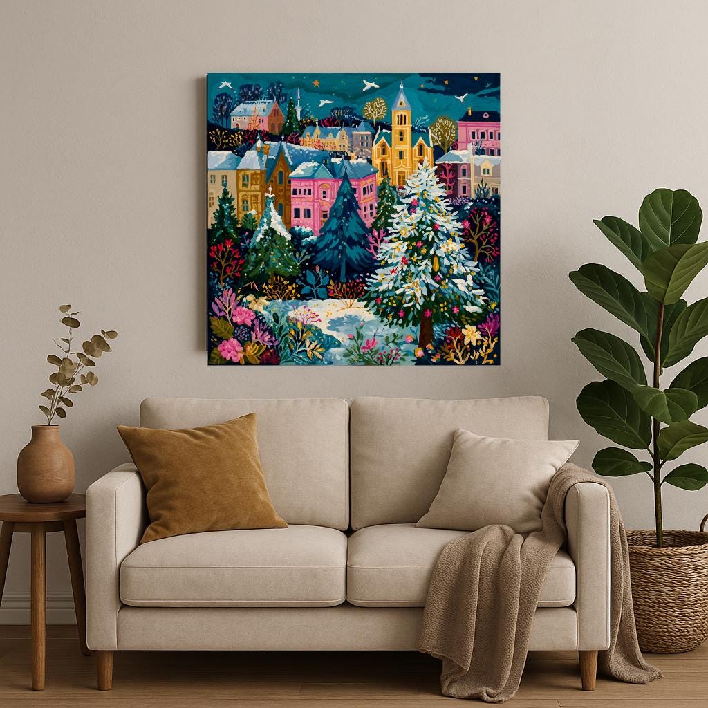 a cozy living room with a beige sofa, a wooden side table, and a large painting of a winter village scene hanging on the wall above the sofa.