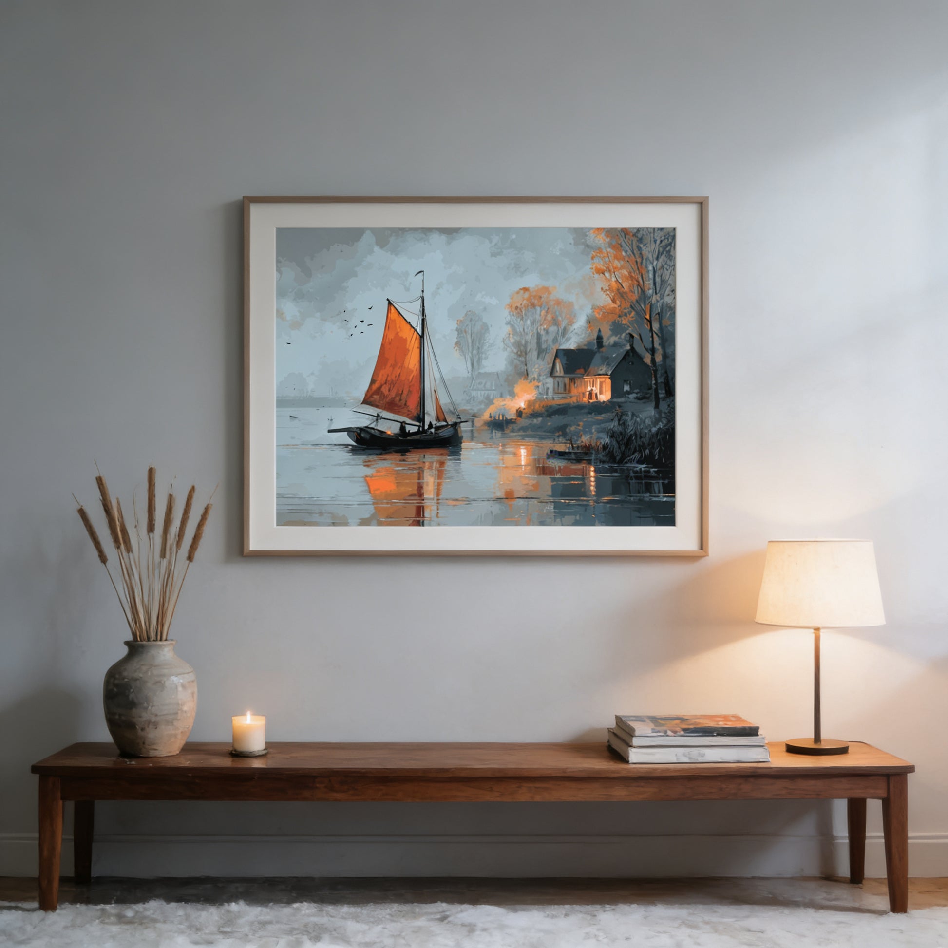 a wooden table with a lit candle, a vase with reeds, and a framed painting of a sailboat on a lake.
