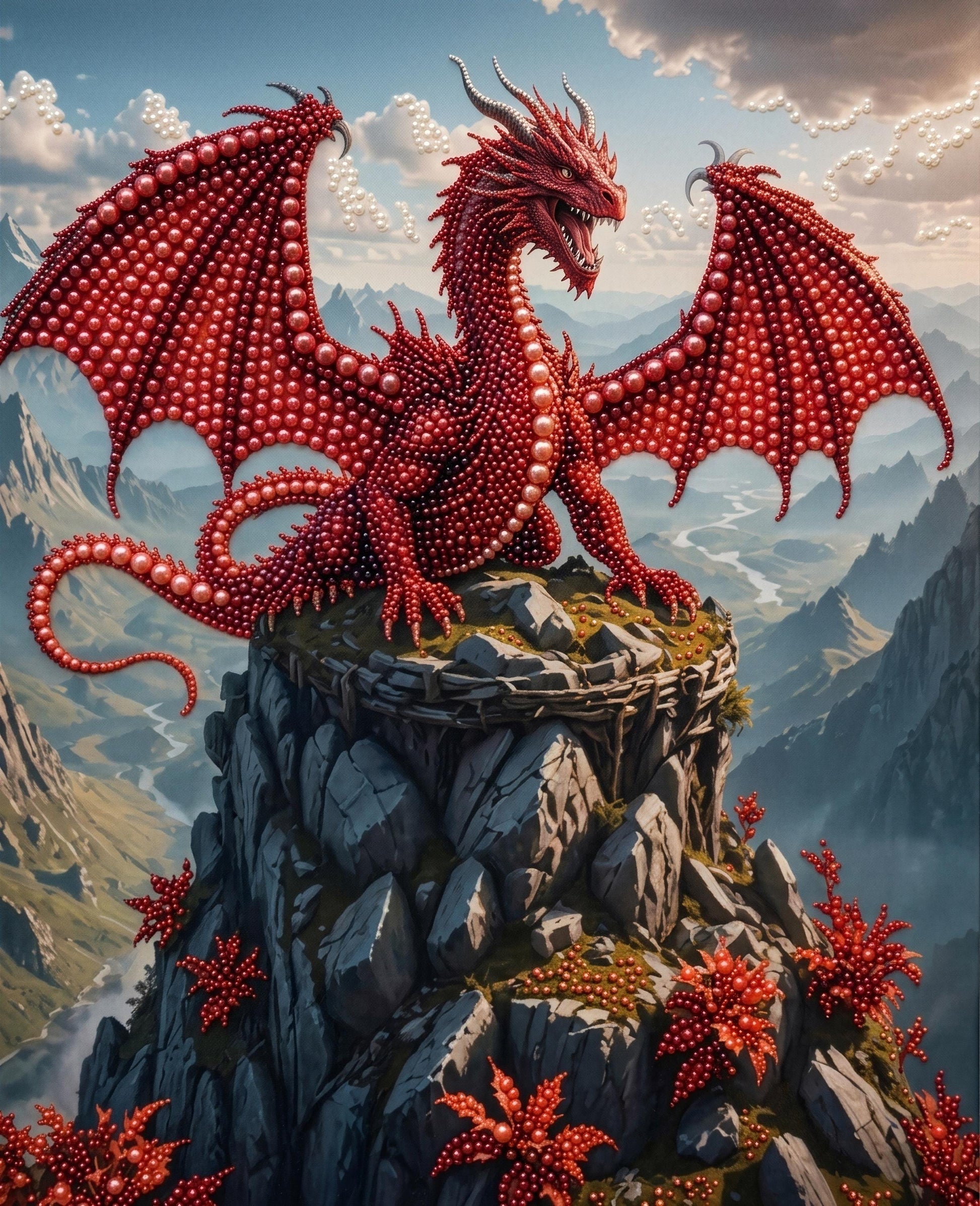 A majestic red dragon perched atop a rocky cliff, surrounded by lush greenery and mountains in the background.