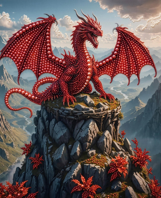 A majestic red dragon perched atop a rocky cliff, surrounded by lush greenery and mountains in the background.