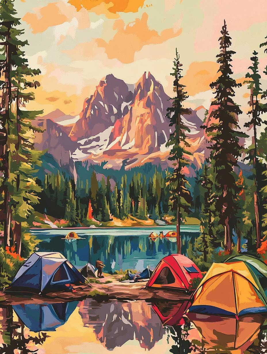 a painting of a mountain lake with tents