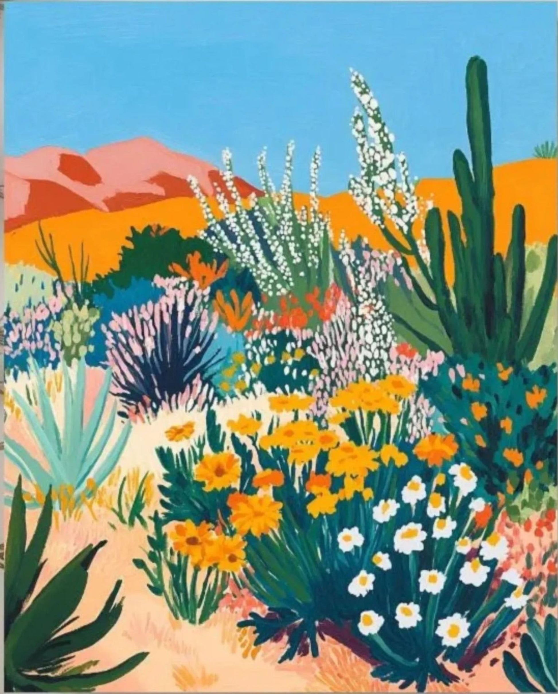 The image is a vibrant and colorful painting depicting a desert landscape with a variety of flowers and plants.