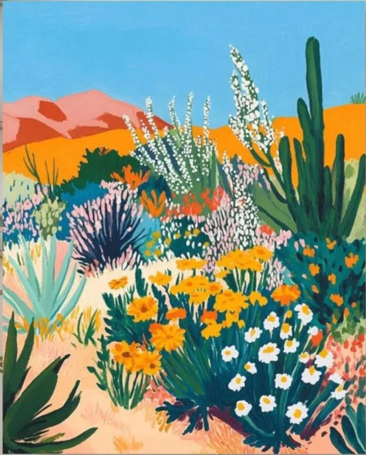 The image is a vibrant and colorful painting depicting a desert landscape with a variety of flowers and plants.