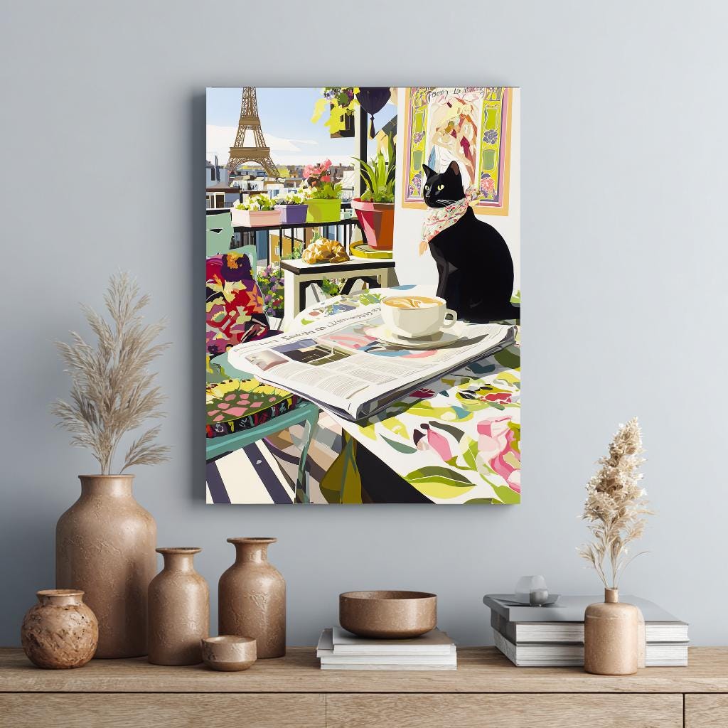 a cozy indoor scene with a black cat sitting on a table, surrounded by various decorative items such as vases, books, and a newspaper.