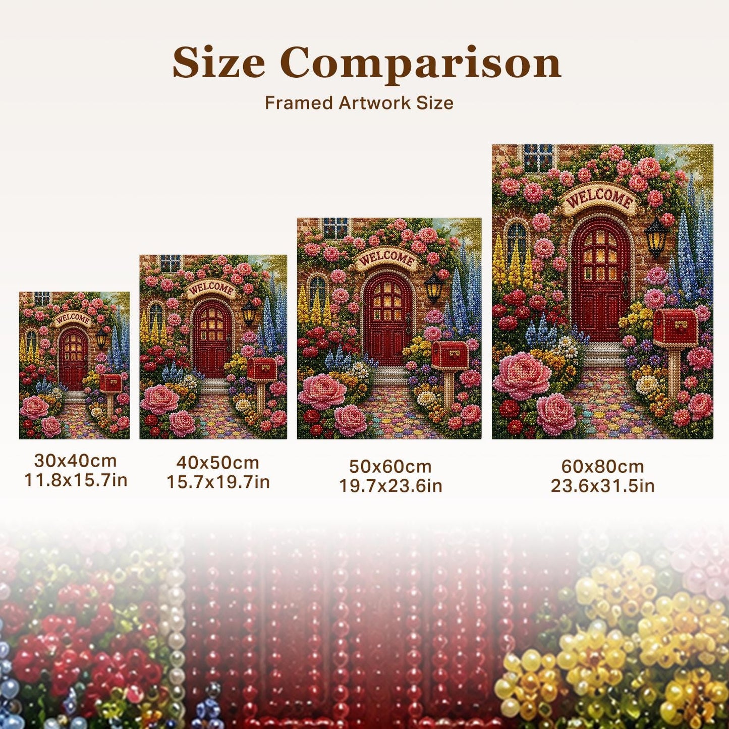 The image is a framed artwork size comparison, showing the dimensions of four different framed artworks depicting a garden scene with a red door and flowers.
