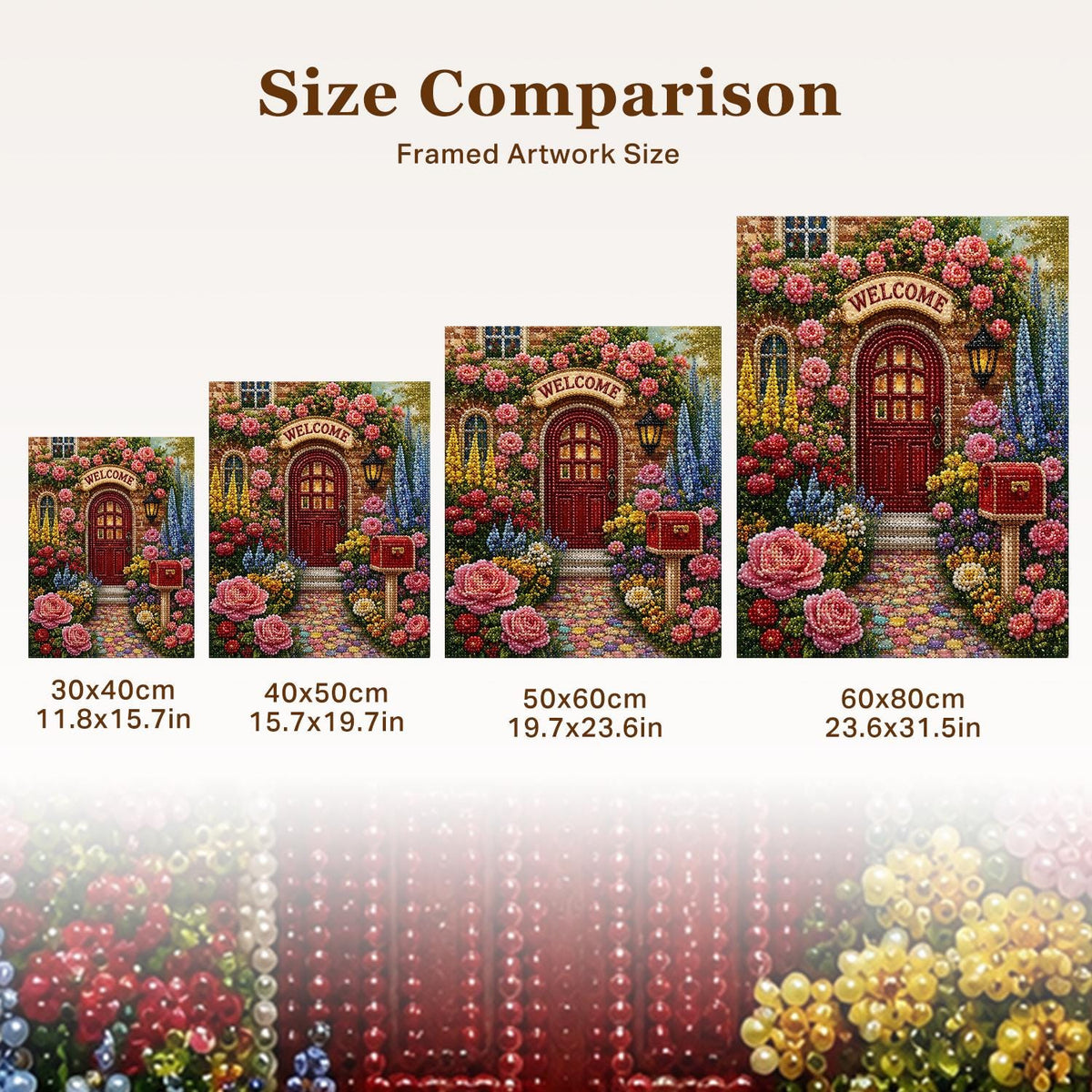 The image is a framed artwork size comparison, showing the dimensions of four different framed artworks depicting a garden scene with a red door and flowers.
