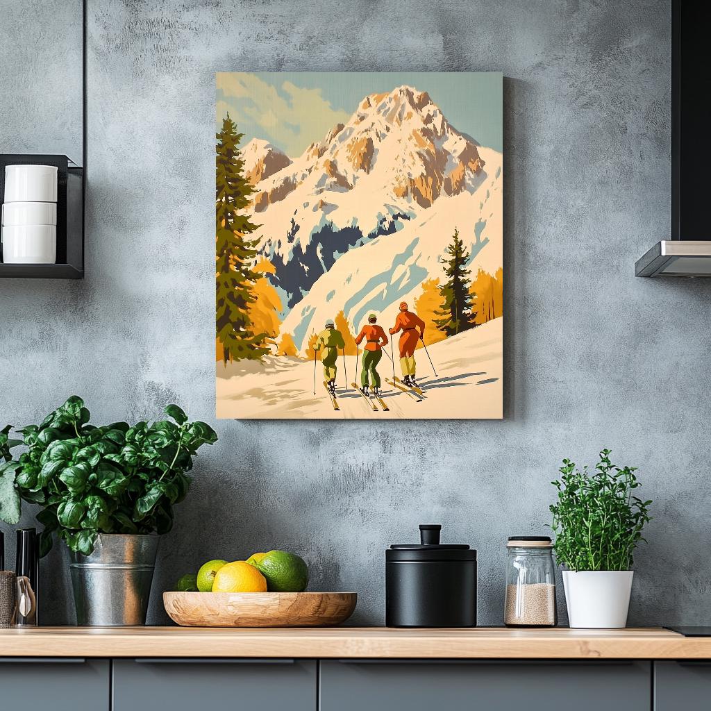a painting of two people skiing on a mountain