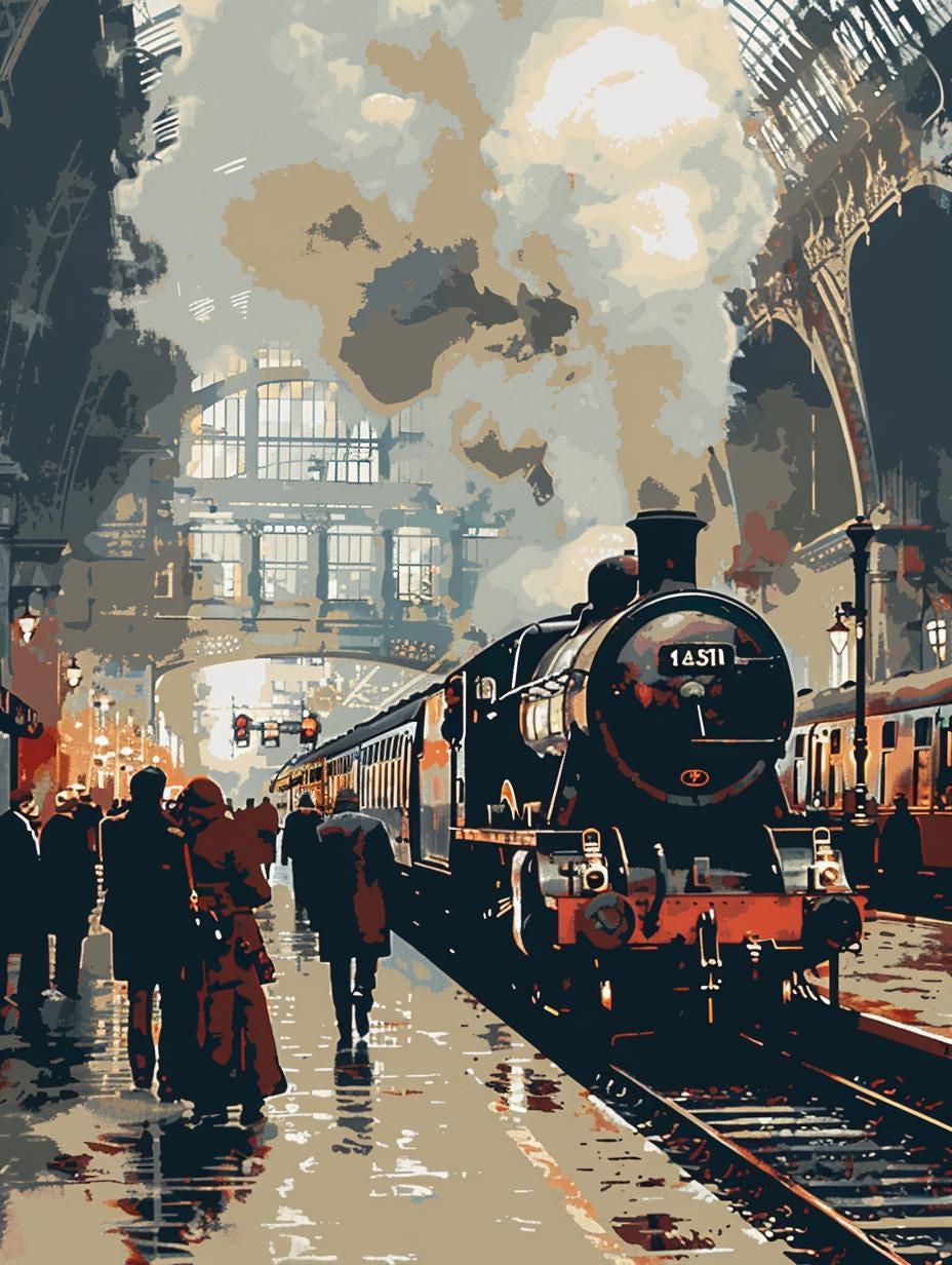a painting of a train on a train track
