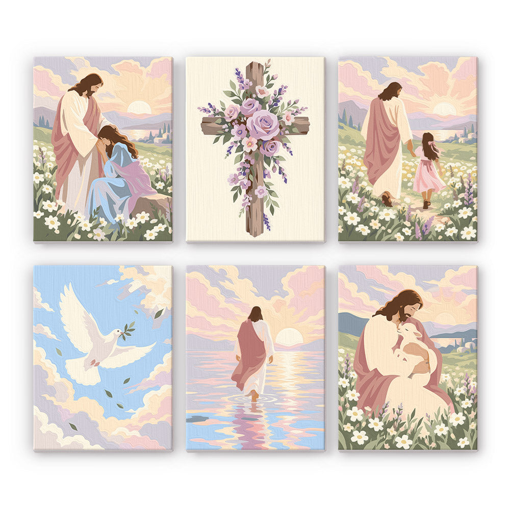 The image is a collage of six pictures depicting various scenes related to the Christian faith, including images of Jesus Christ, flowers, and religious symbols.