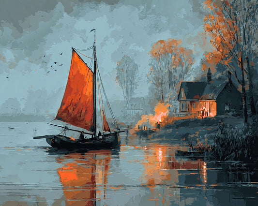 a sailboat with an orange sail gently floating on a calm body of water, with a small house and trees in the background.