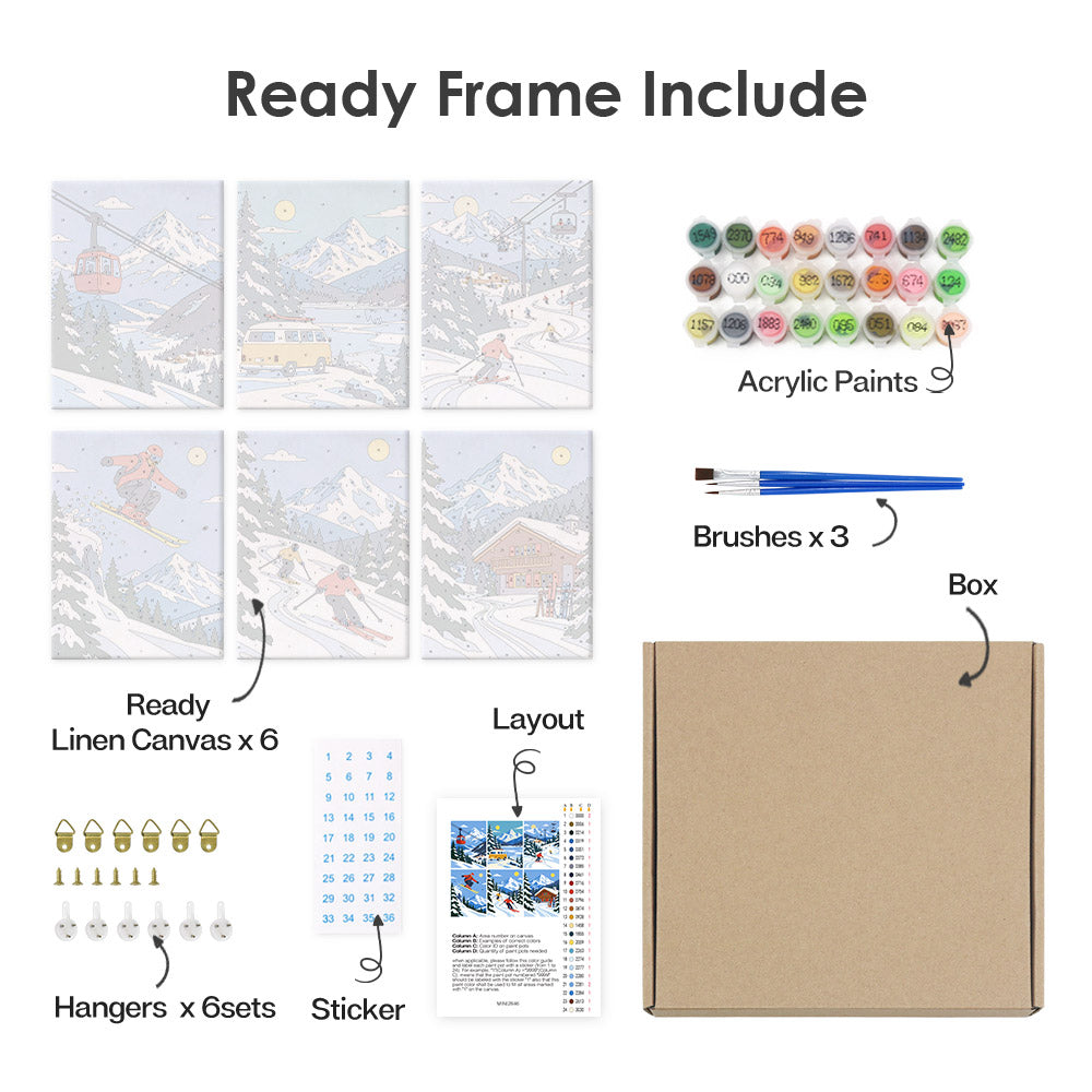 various items related to painting and framing, including a ready frame, acrylic paints, brushes, a box, a layout, and a sticker.