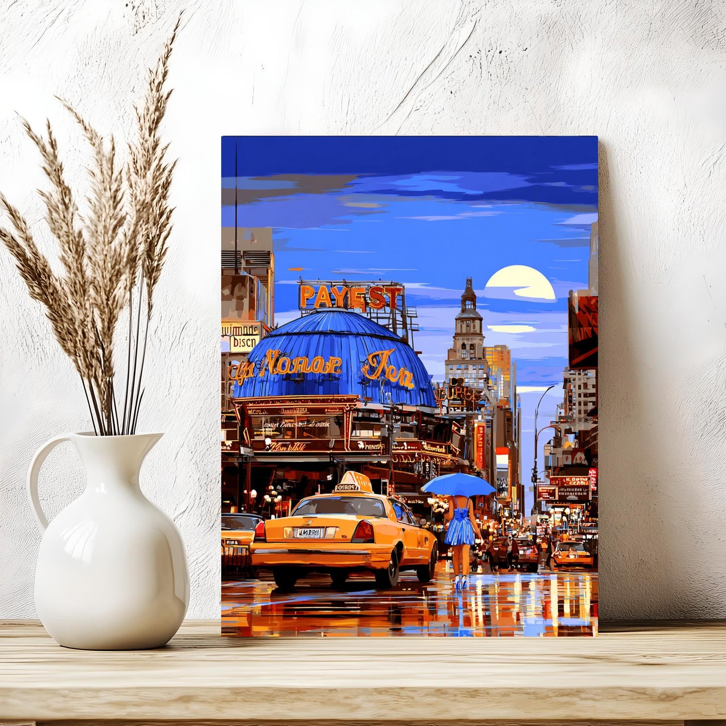 a busy city street at night, with a woman holding an umbrella and a taxi cab in the foreground. The scene is illuminated by the glow of streetlights and neon signs, creating a vibrant and lively atmosphere.