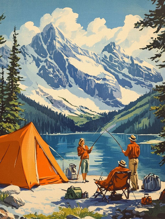 A vintage-style illustration depicting a couple camping by a lake, with a mountain backdrop and a tent pitched on the shore.
