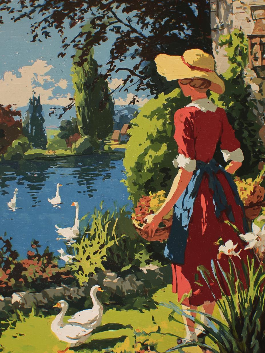 May include: A vintage paint-by-numbers scene depicts a woman in a red dress and yellow hat, carrying a basket of flowers near a lake with white geese. The background features trees, a building, and a blue sky, creating a serene, idyllic landscape.