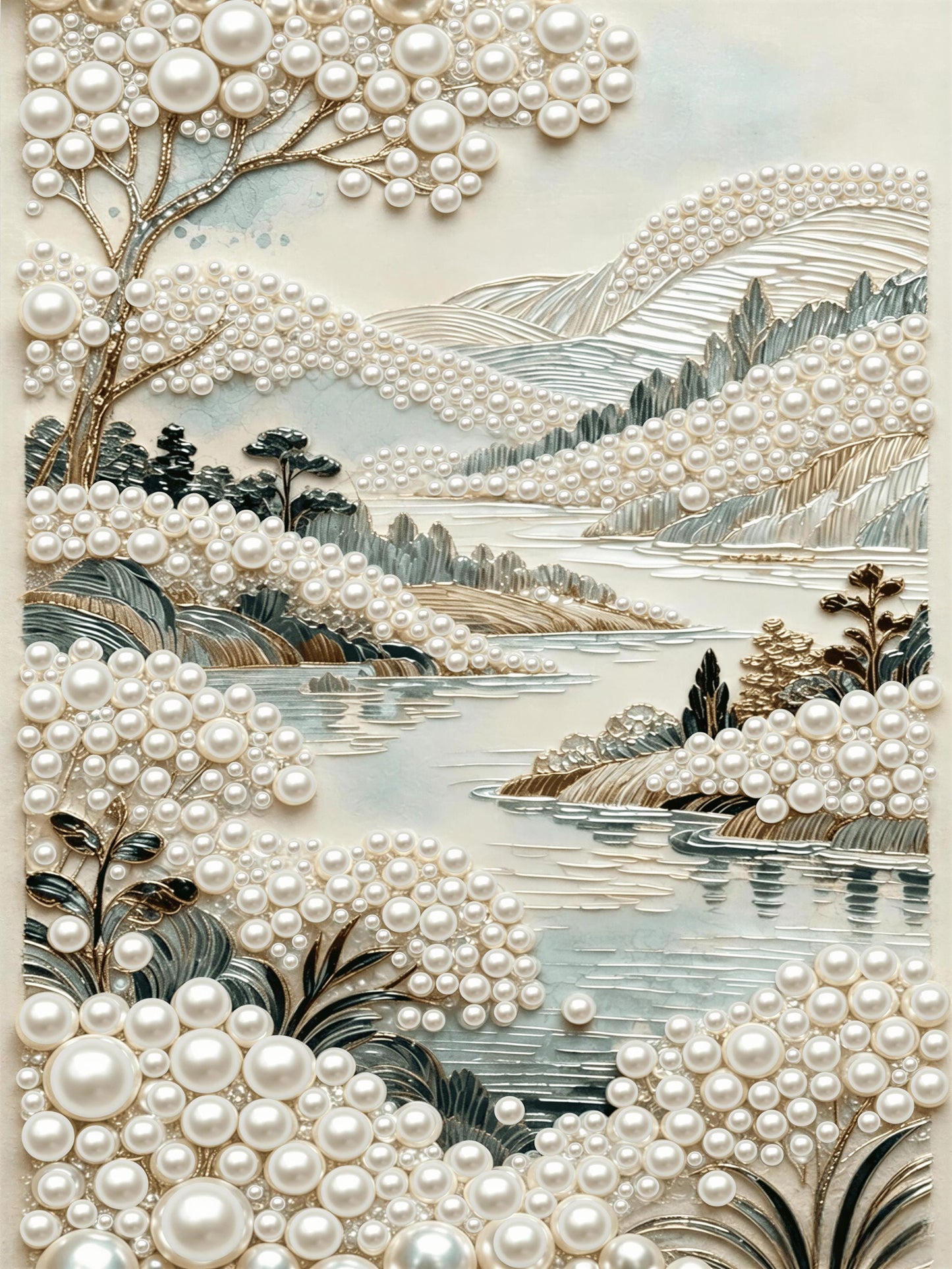 The image is a detailed and intricate collage featuring a landscape scene with a river, mountains, trees, and flowers, all crafted from numerous small white pearls. The pearls are arranged in a way that creates a sense of depth and texture, giving the image a unique and visually striking appearance.