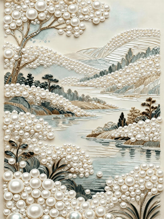 The image is a detailed and intricate collage featuring a landscape scene with a river, mountains, trees, and flowers, all crafted from numerous small white pearls. The pearls are arranged in a way that creates a sense of depth and texture, giving the image a unique and visually striking appearance.