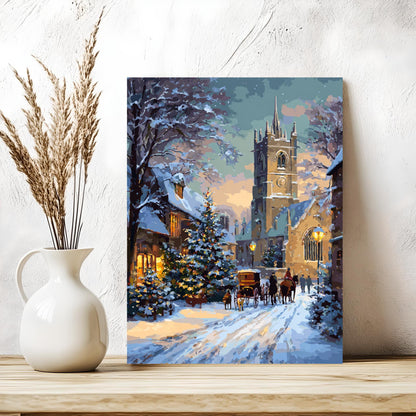 a snowy village scene with a church, a horse-drawn carriage, and people walking along a snow-covered path.