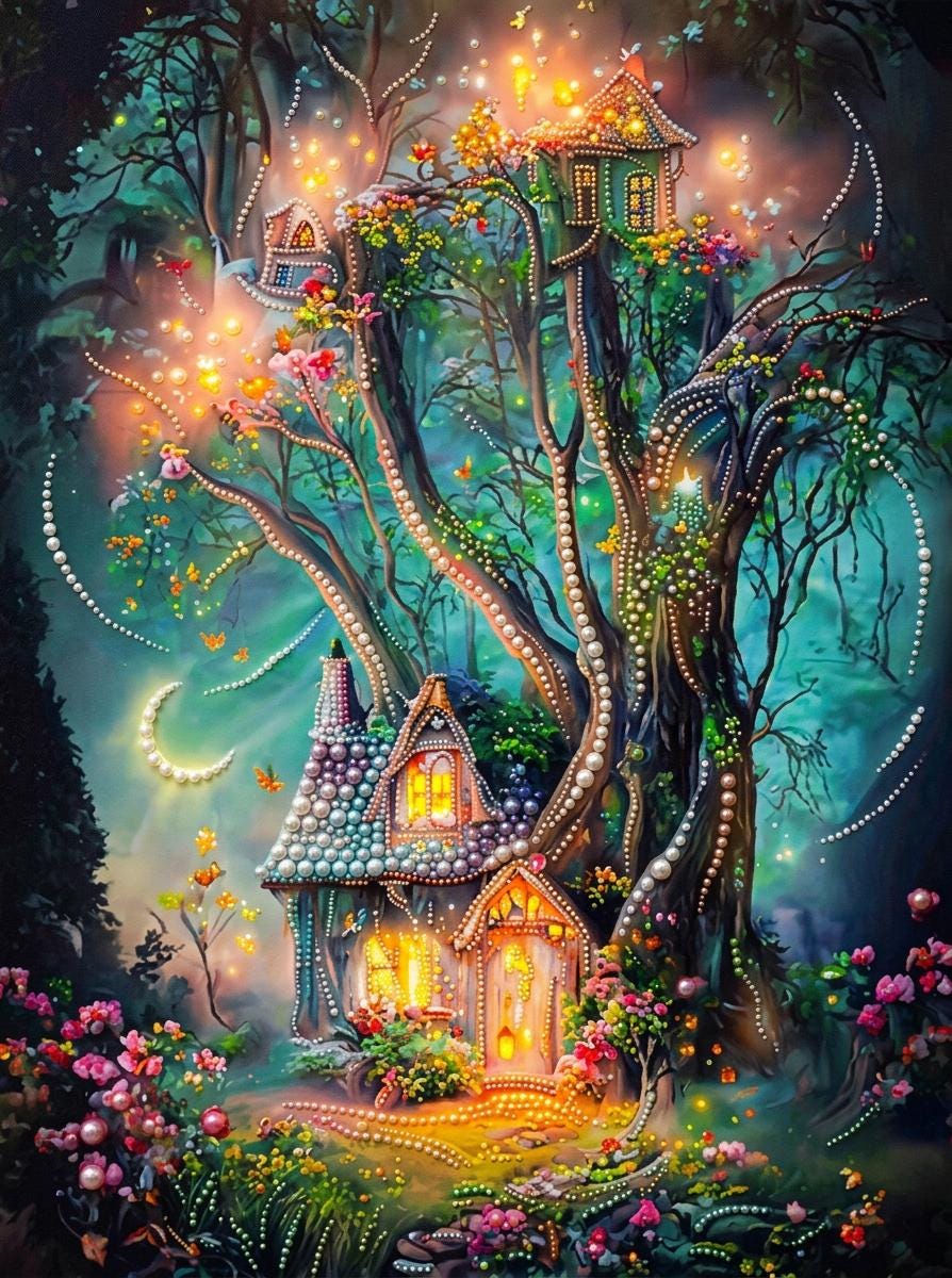 The image is a fantastical, whimsical scene featuring a tree with a house built on top, surrounded by a lush, colorful garden with flowers and plants. The house is illuminated, creating a warm and inviting atmosphere. The overall scene is vibrant and imaginative, with a sense of magic and wonder.