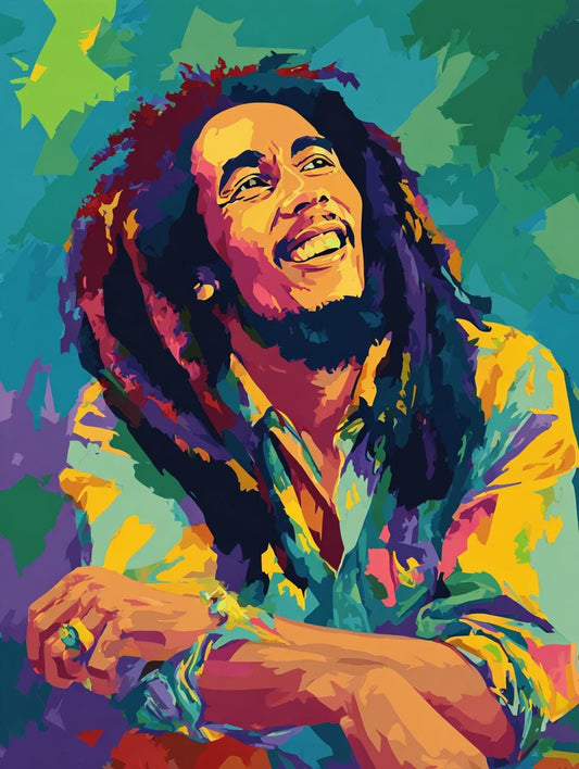 A colorful, abstract portrait of a man with dreadlocks, smiling and looking up.