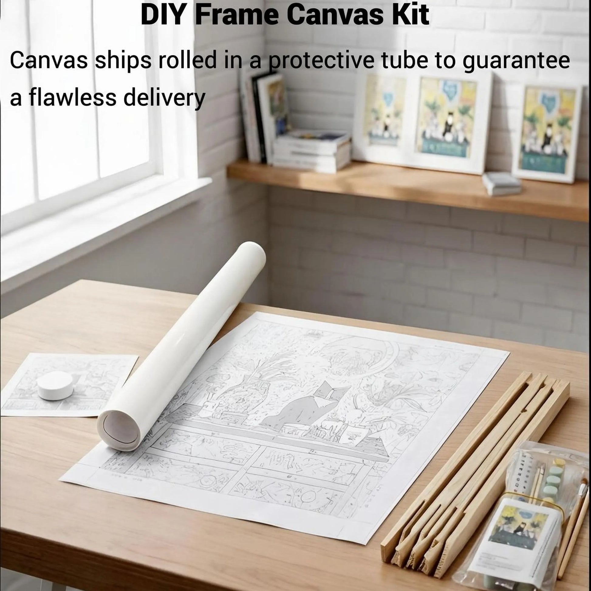 a DIY Frame Canvas Kit with a roll of paper and various art supplies, including pencils and paintbrushes, arranged on a wooden desk.