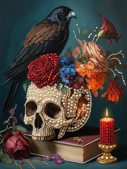 a skull adorned with pearls and beads, surrounded by a bouquet of flowers, a candle, and a book, all set against a dark blue background.