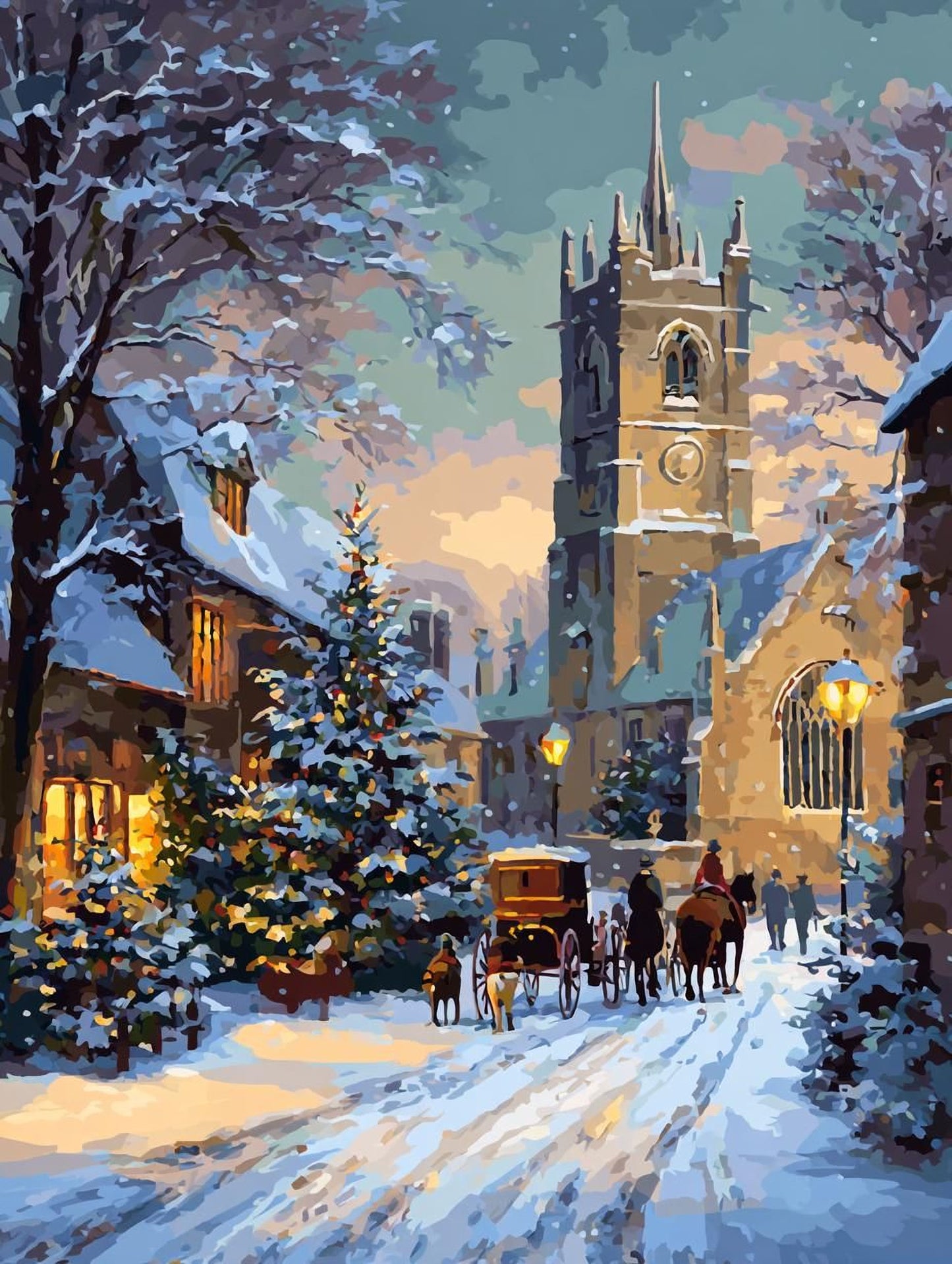 A snowy village scene with a church tower, a horse-drawn carriage, and a Christmas tree, all illuminated by warm lighting.